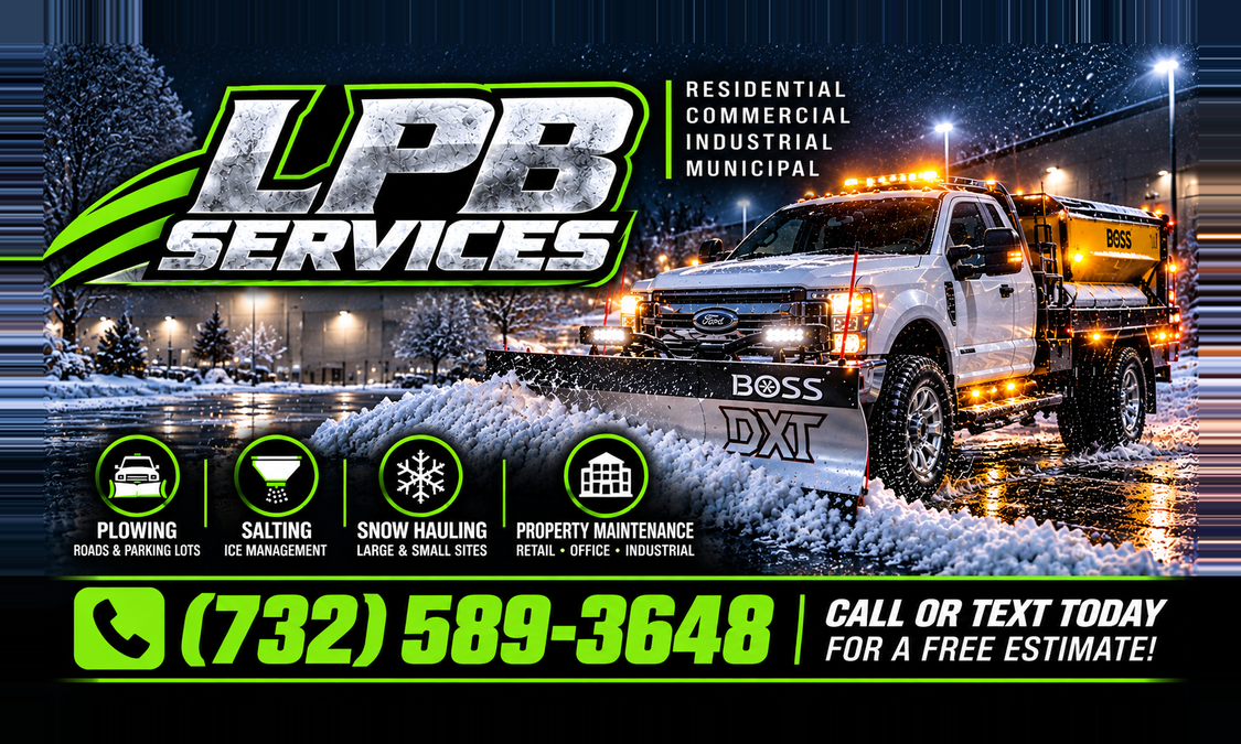 LPB Services business card featuring snowplowing and salting services and phone number 732-589-3648